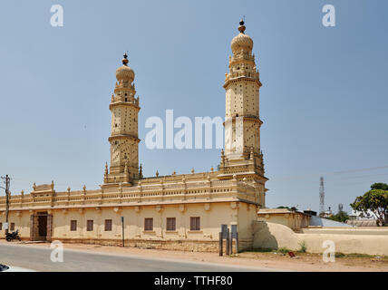 Minaret jaune et mur de la Mosquée Jamia Masjid, également utilisé comme logement pigeon, Srirangapatna, Mysore, Karnataka, Inde Banque D'Images