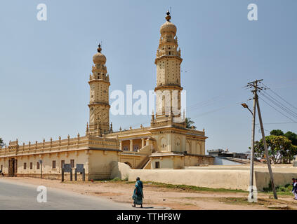 Minaret jaune et mur de la Mosquée Jamia Masjid, également utilisé comme logement pigeon, Srirangapatna, Mysore, Karnataka, Inde Banque D'Images