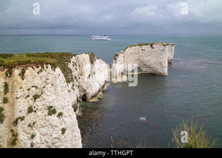 Un Ferry Bretagne Old Harry Rocks passant à Handfast Point, à l'île de Purbeck, Jurassic Coast, Site du patrimoine mondial de l'UNESCO dans le Dorset, Angleterre, RU Banque D'Images