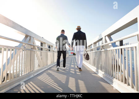 Vue arrière de petits amis tenant la main en marchant sur la passerelle Banque D'Images