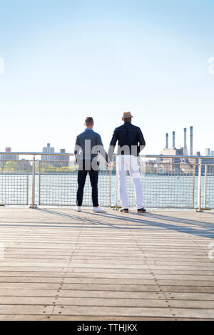 Vue arrière du gay men holding hands while standing on pier contre ciel clair Banque D'Images