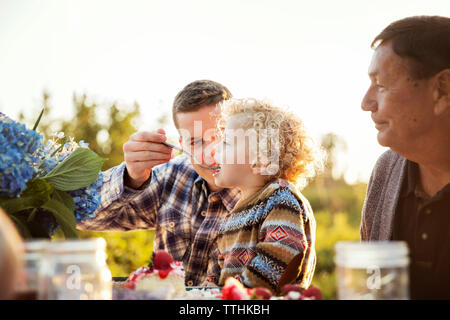 Père Fils d'alimentation sur une table de pique-nique Banque D'Images