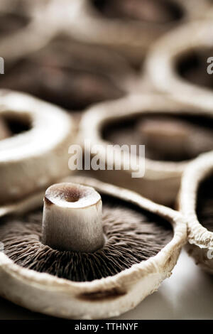 Close-up de champignons portobello sur table Banque D'Images