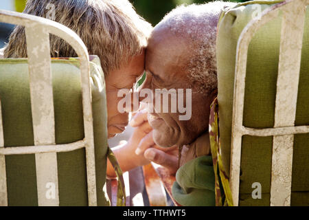 Senior couple frottant le nez tout en étant assis sur des chaises Banque D'Images