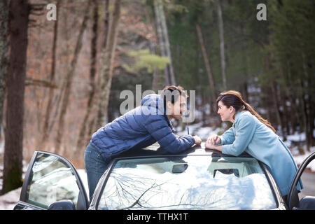 Heureux couple leaning on car Banque D'Images