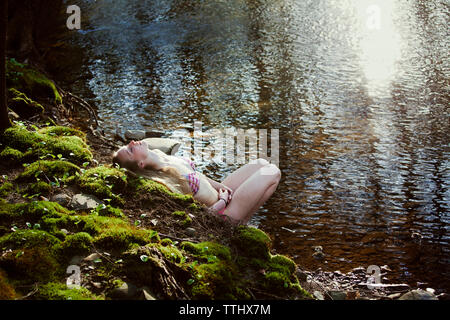 High angle view of woman relaxing at riverbank in forest Banque D'Images