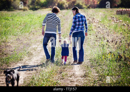 Vue arrière du family walking on grassy field Banque D'Images