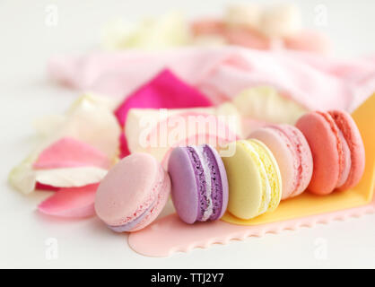 Des macarons et des pétales de rose sur fond blanc Banque D'Images