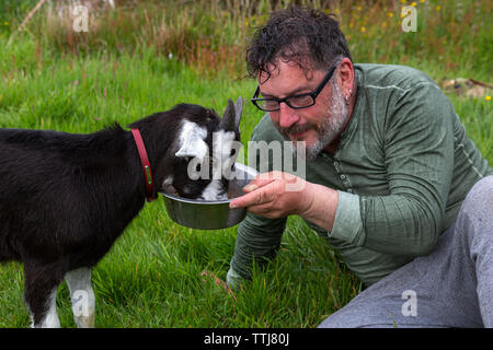 L'homme avec l'animal chèvre, comté de Kerry, Irlande Banque D'Images