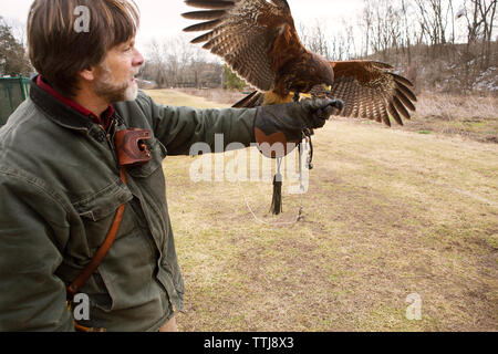 L'alimentation de l'homme en se tenant sur le domaine des oiseaux Banque D'Images