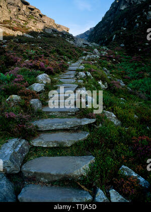 View SE des marches romaines : un sentier/Tyddiad route packhorse Bwlch croissant dans la gamme Rhinog de Llyn Cwm Bychan ouest de Harlech, Pays de Galles, Royaume-Uni. Banque D'Images