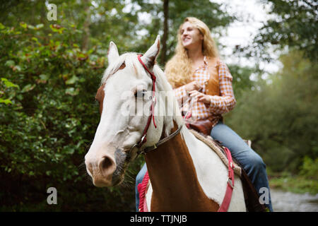 Smiling woman tout en montant sur le cheval Banque D'Images