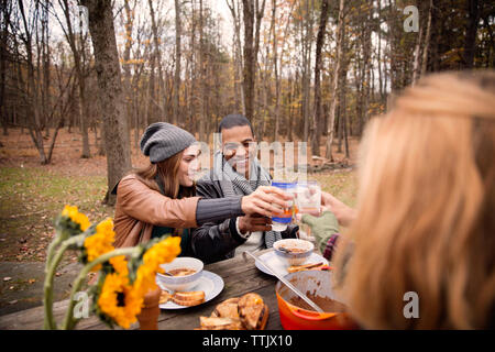 Couple toasting boire avec tes amis à table contre des arbres en forêt Banque D'Images
