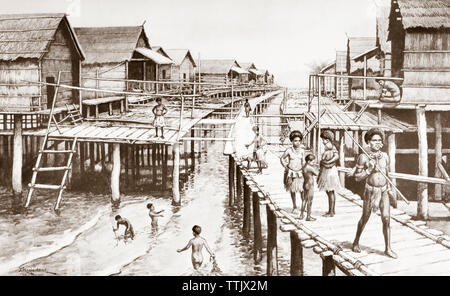 Des maisons sur pilotis à Port Moresby, Papouasie Nouvelle Guinée. Après une œuvre de J. Macfarlane. À partir d'une impression contemporaine c.1935. Banque D'Images