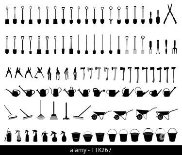 Silhouettes noires d'outils de jardin sur un fond blanc Banque D'Images