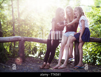 Heureux soeurs prenant alors qu'elle repose sur selfies railing at park Banque D'Images