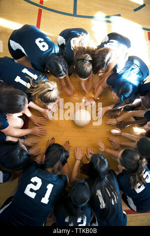 Portrait de l'équipe de volley-ball féminin se blottissent sur marbre Banque D'Images