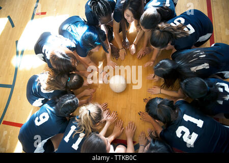 Portrait de l'équipe de volley-ball féminin se blottissent sur marbre Banque D'Images