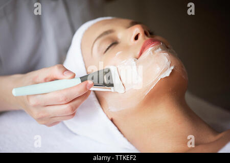 Female therapist appliquant le masque facial sur visage de femme à spa Banque D'Images