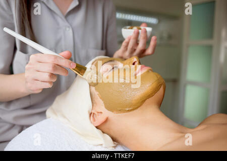 Female therapist appliquant le masque facial sur visage de femme à spa Banque D'Images