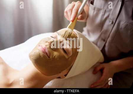L'application thérapeute facial mask on woman's face à spa Banque D'Images