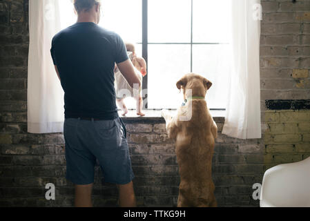 Vue arrière du père avec sa fille et son chien à la recherche d'une fenêtre Banque D'Images