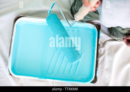 Portrait of boy holding paint roller sur le bac à la maison Banque D'Images