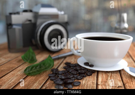 Tasse à café et spoon - Appareil photo et vase sur table en bois. Le rendu 3D Banque D'Images