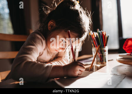 Girl dessin avec crayon de couleur sur papier tout en étant assis à table Banque D'Images