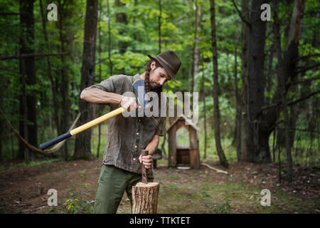 L'homme coupe de bois avec un marteau en forêt Banque D'Images