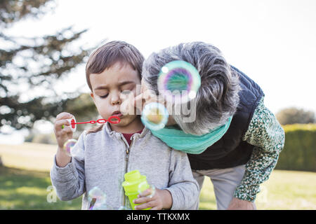 Senior woman kissing father avec blowing bubbles in park Banque D'Images