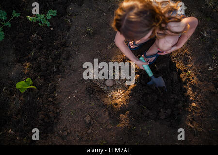 High angle view of girl creuser dans le jardin Banque D'Images