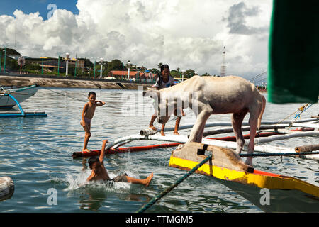 PHILIPPINES, Palawan, Puerto Princesa, les enfants jouent sur les bateaux de pêche dans la zone portuaire de la ville Banque D'Images