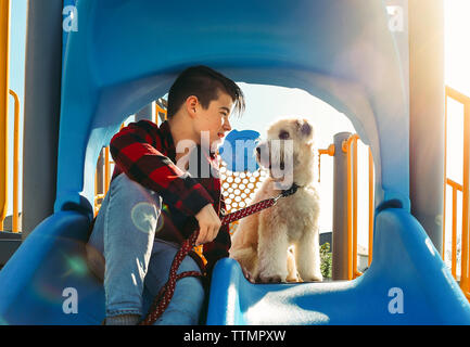 Boy looking at Schnauzer assis sur la diapositive à l'aire de jeux au cours de journée ensoleillée Banque D'Images