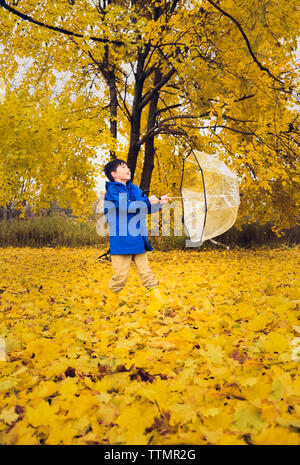 Happy boy en vêtements de pluie jusqu'à la filature à feuilles d'automne Banque D'Images