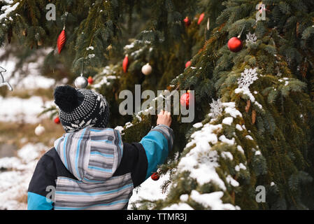 Close up of young boy decorating tree en plein air avec des boules de Noël. Banque D'Images