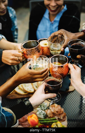 Portrait of happy friends toasting drinks in backyard Banque D'Images