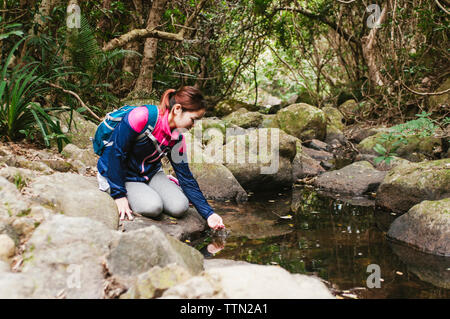 Femme buvant l'eau du lac tout en étant assis sur des rochers en forêt Banque D'Images