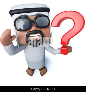 3D render of a funny cartoon cheik Arabe tenant un point d'interrogation Banque D'Images