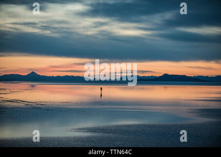 Silhouette personne debout sur Bonneville Salt Flats contre ciel nuageux Banque D'Images