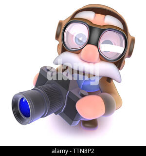 3D render of a funny cartoon caractère pilote de ligne holding a camera Banque D'Images