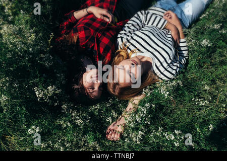 High angle view of female friends sieste sur les champs Banque D'Images