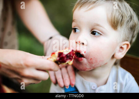 La main coupée de l'alimentation de la mère sweet pie en fils assis sur chai Banque D'Images