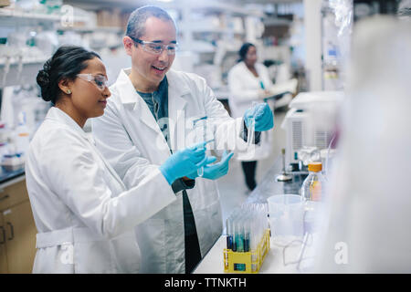Les médecins examinant les tubes à essai en arrière-plan de travail alors qu'un collègue au laboratoire Banque D'Images
