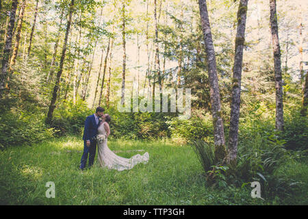 Newlywed couple kissing en se tenant sur le terrain herbeux en forêt Banque D'Images