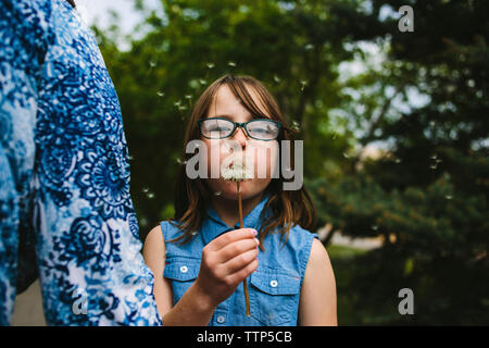 Portrait of Girl blowing dandelion debout in lawn Banque D'Images
