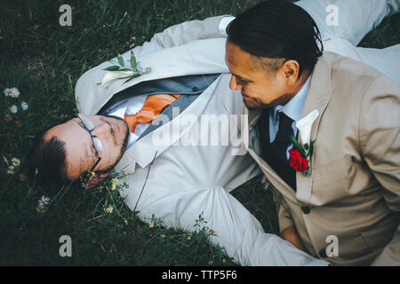 Happy senior couple relaxing on grassy field Banque D'Images