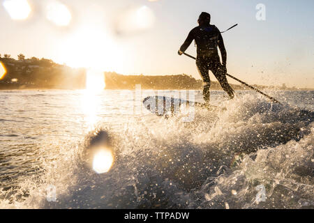 Vue arrière du man holding perche tout en surf en mer pendant le coucher du soleil Banque D'Images