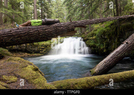 Homme étendu sur tronc d'arbre contre river à forest Banque D'Images