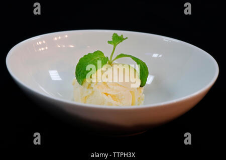 pelle à glace à la vanille au coeur de la feuille de menthe dans un bol, avec fond noir Banque D'Images